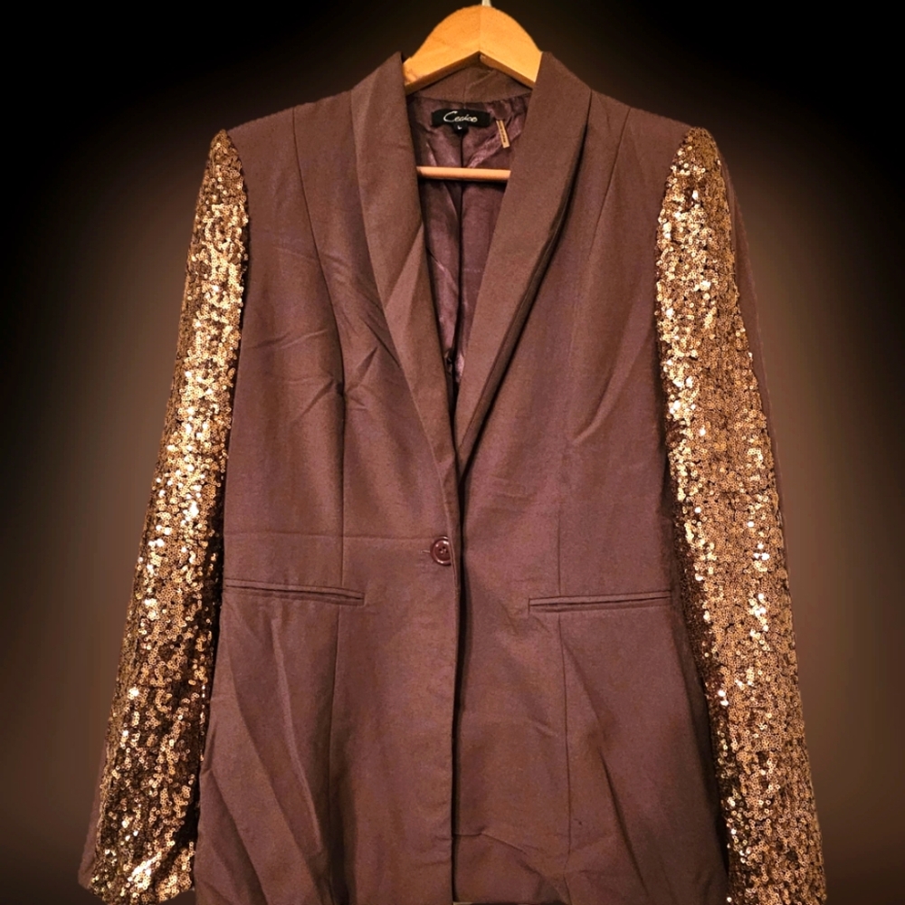 Brown and Gold Sequin Sleeve Blazer
